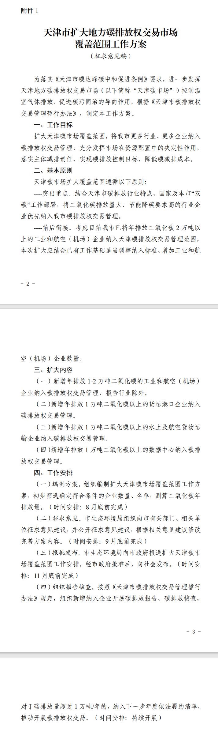 《天津市扩大地方碳排放权交易市场覆盖范围工作方案(征求意见稿)》征求意见