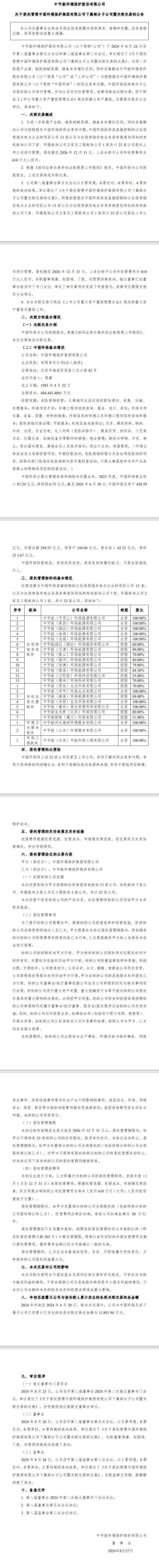 610万/年，中国环保拟将23家公司托管给节能环境