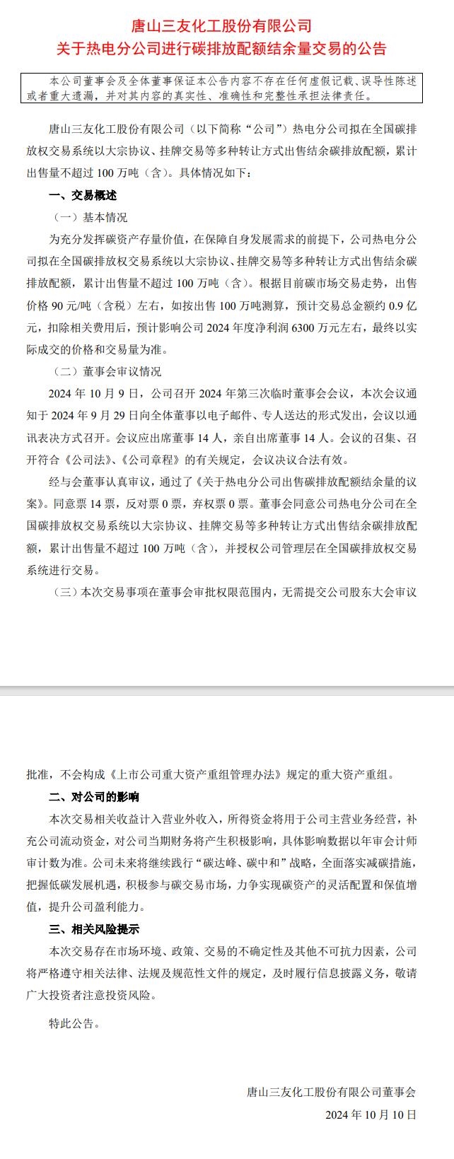 三友化工：热电分公司拟出售不超过100万吨碳排放配额