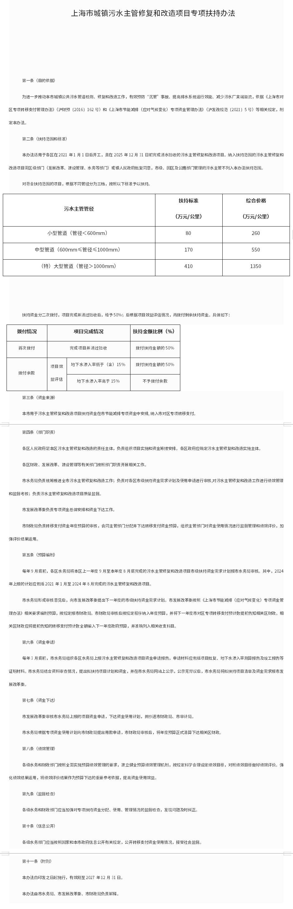 《上海市城镇污水主管修复和改造项目专项扶持办法》印发