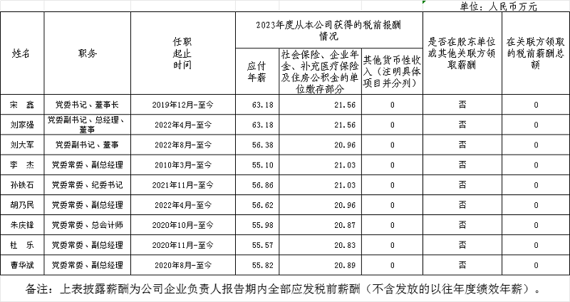 中国节能企业负责人2023年度薪酬情况披露