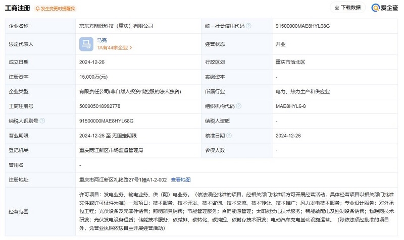 京东方投资成立能源科技公司，含光伏相关业务