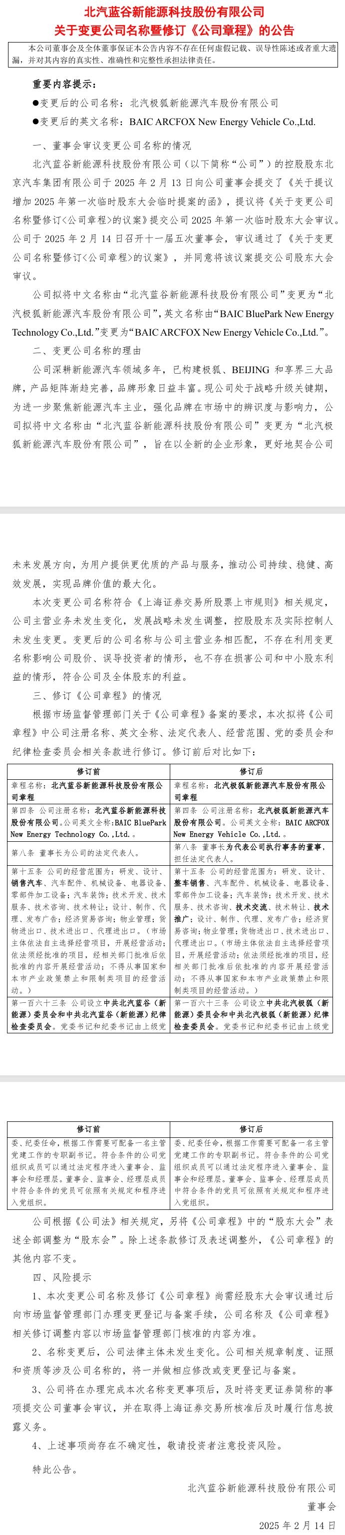 北汽蓝谷：拟更名为北汽极狐新能源汽车股份有限公司